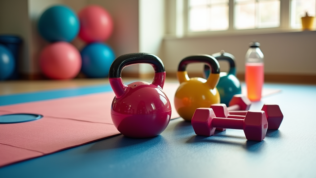 Colorful kettlebells and yoga mats on gym floor. Dumbbells, resistance bands, and a water bottle placed on the side. Bright, welcoming fitness studio background.
